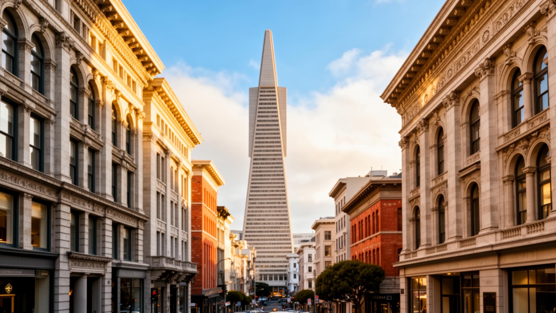 Classic San Francisco street view with Transamerica Pyramid against a clear blue sky